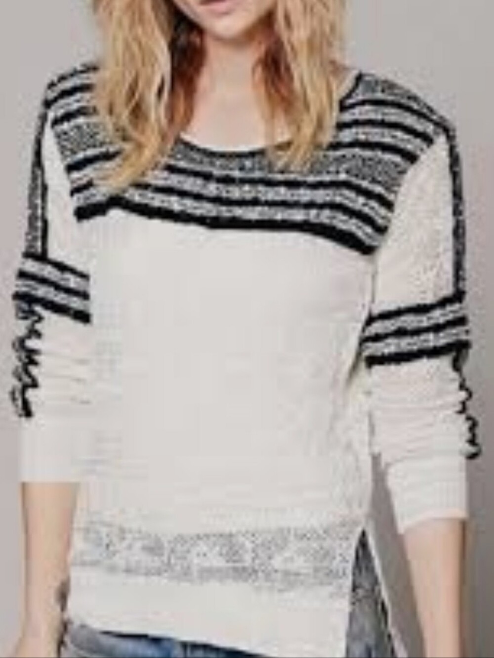 Free People Miles Away  White Crewneck Sweater with Black Striped Yoke